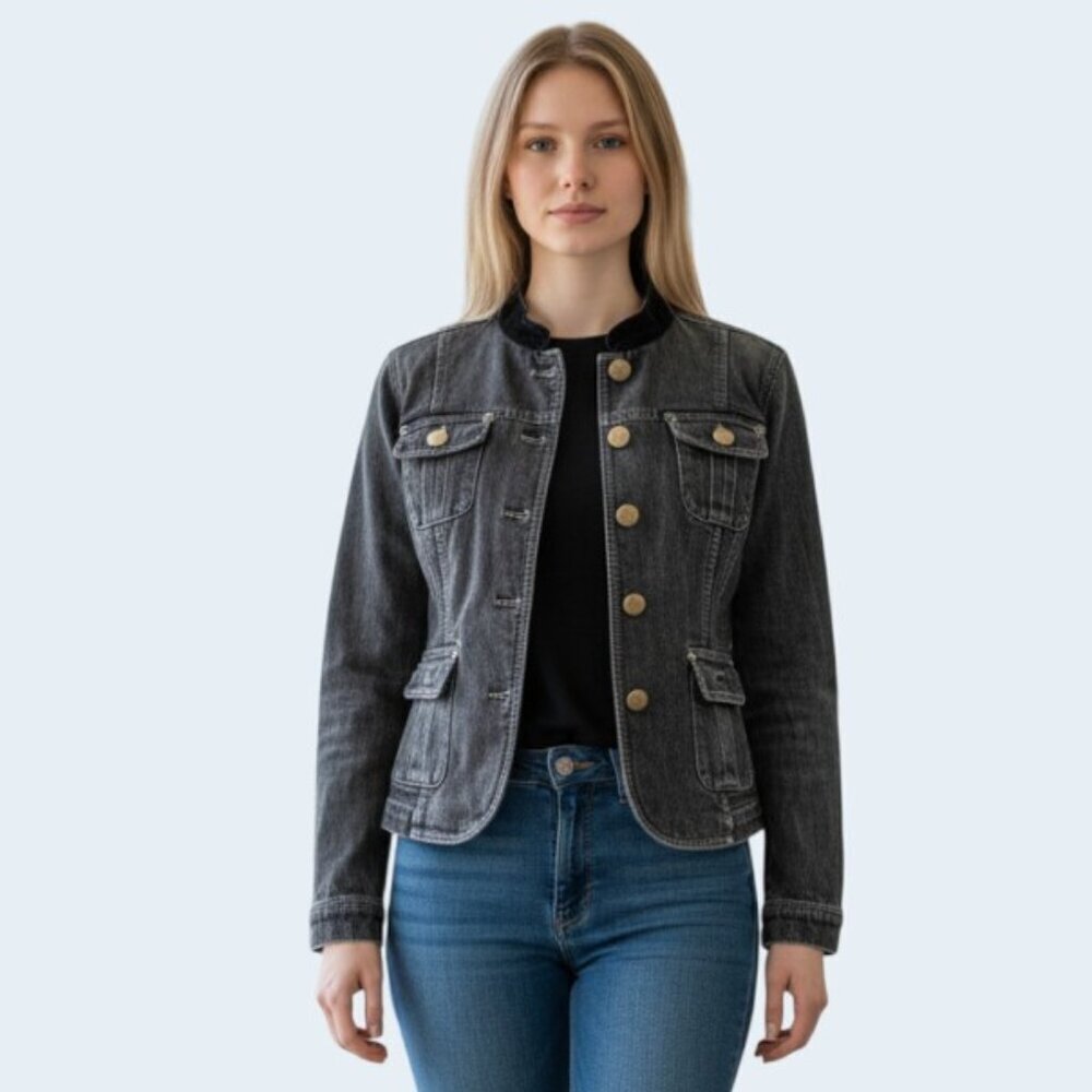 DKNY Jeans Women's Black Cropped Denim Military Style Jacket Stretch Faded L EUC